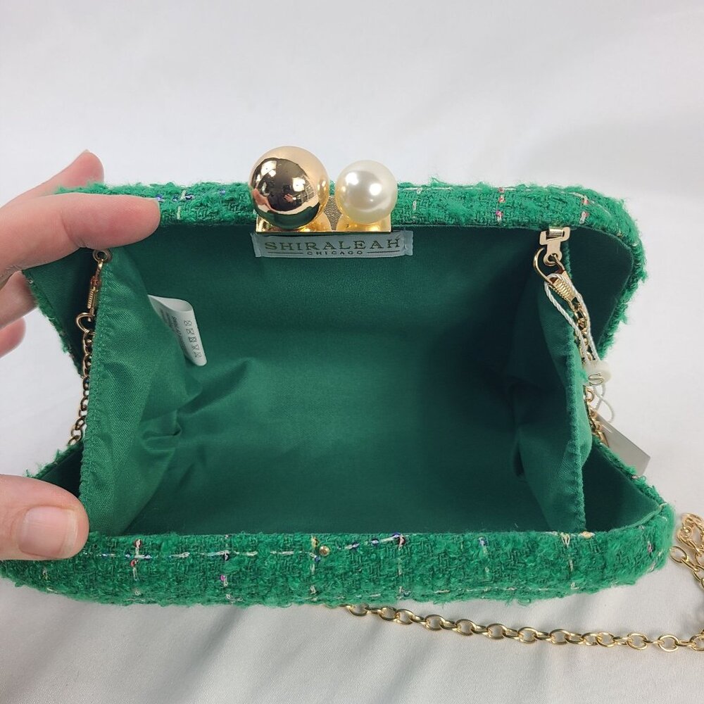 NWT Shiraleah Green Mabel Minaudiere Gold Chain Pearl/Gold Clasp Clutch - Picture 8 of 8
